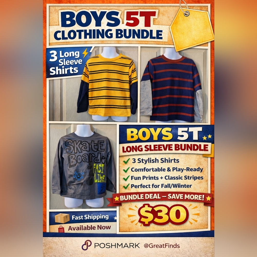 Gerber Graduates Boys 5T Long Sleeve Shirt Bundle 3pc Stripes + Graphic Tee, T1A